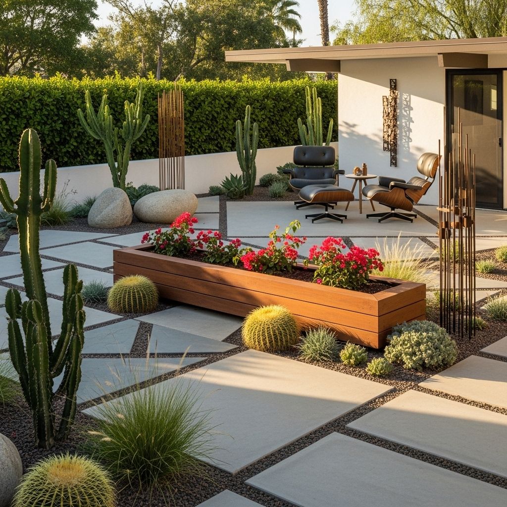 Industrial materials meet lush foliage to craft serene, low-maintenance outdoor retreats.