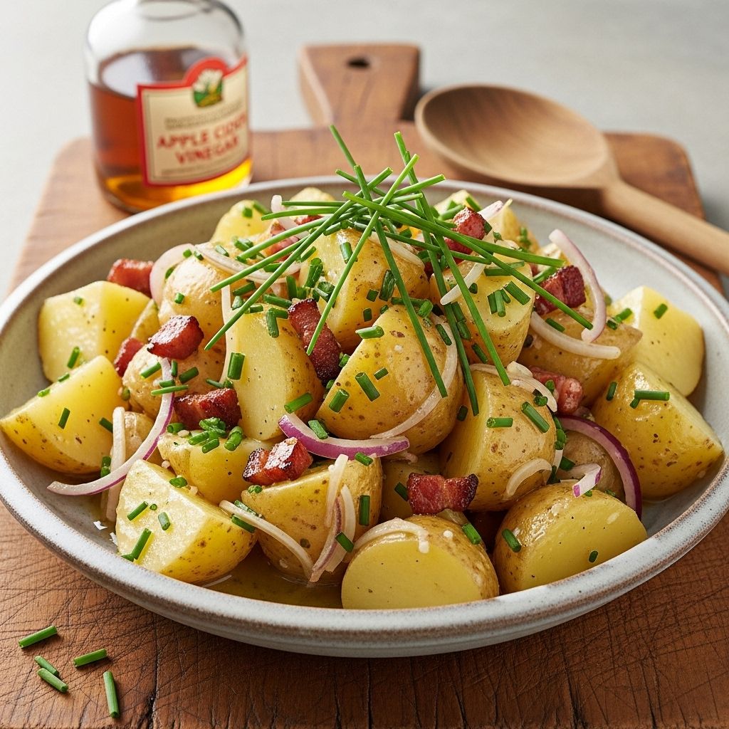 Discover the rich, tangy flavors of traditional warm German potato salad with crispy bacon and a savory vinegar dressing.