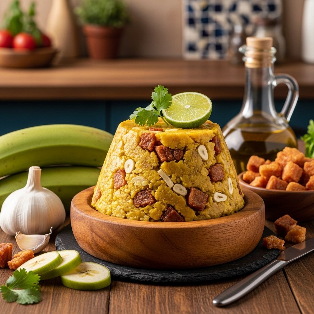 Master the art of making traditional mofongo with crispy plantains, garlic, and pork rinds