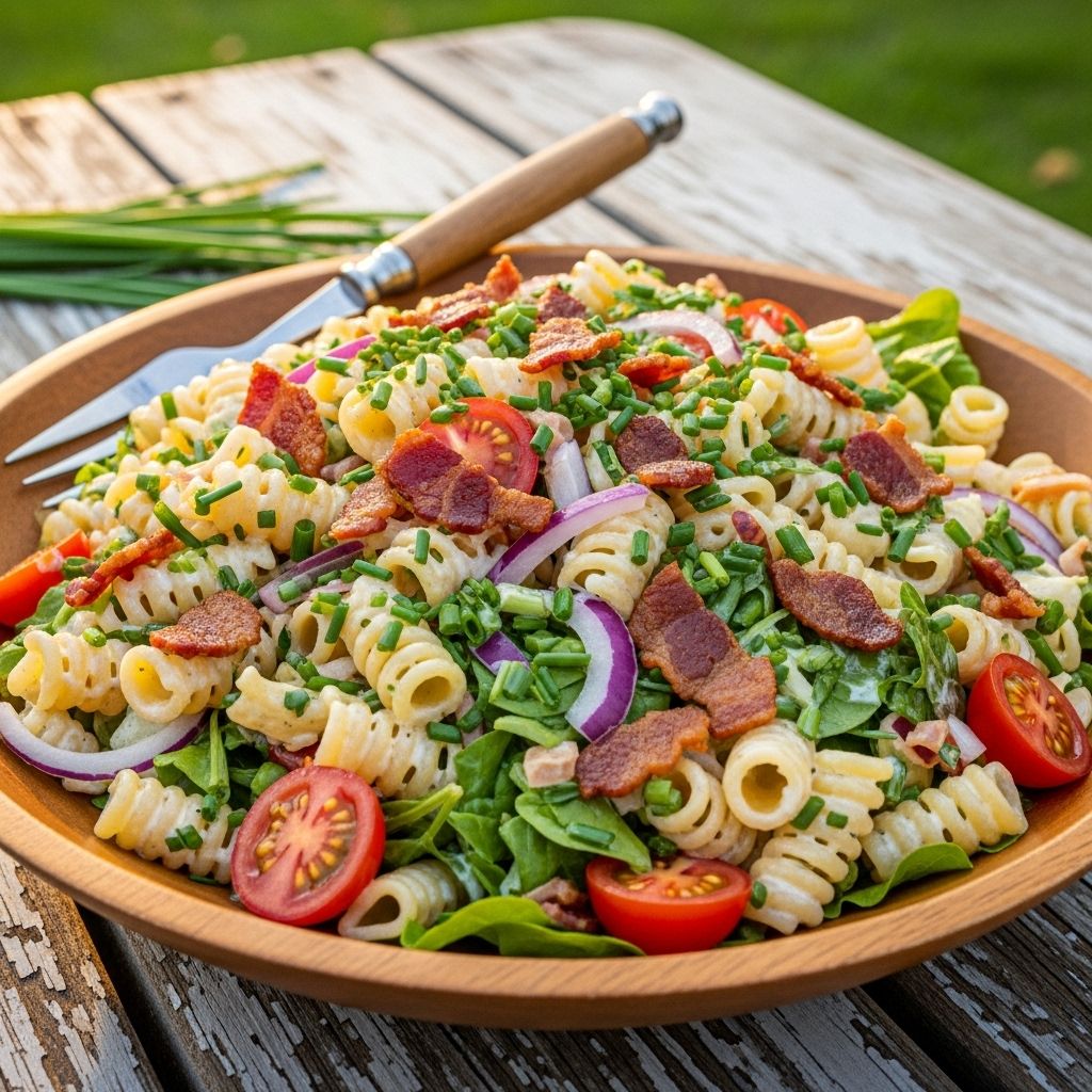 A hearty, crowd-pleasing pasta salad bursting with bacon, ranch, and fresh ingredients—perfect for potlucks and family gatherings.