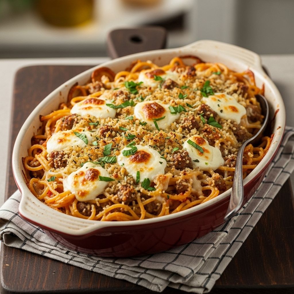 Enjoy tender pasta layered with savory meat sauce and a silky, indulgent center.