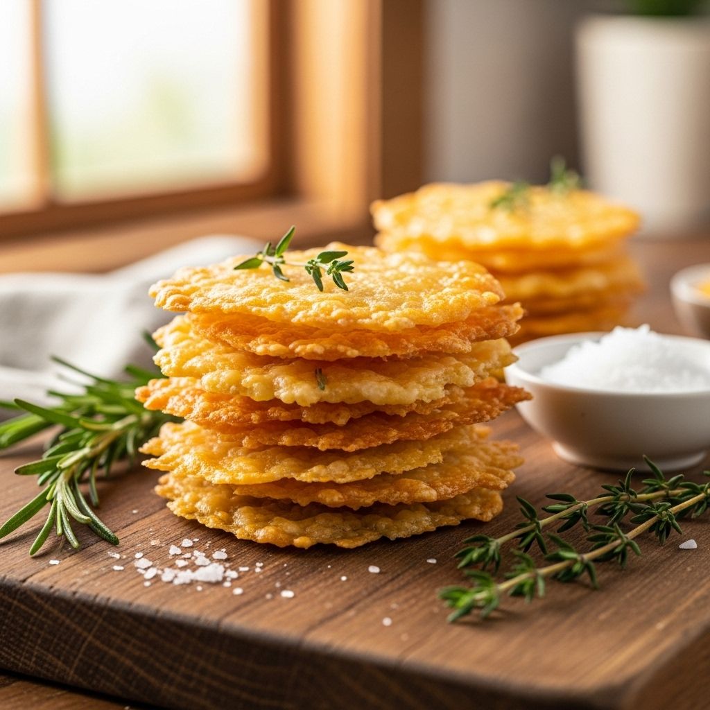 Melted dairy transformed into golden, gluten-free bites that add crunch to any spread.