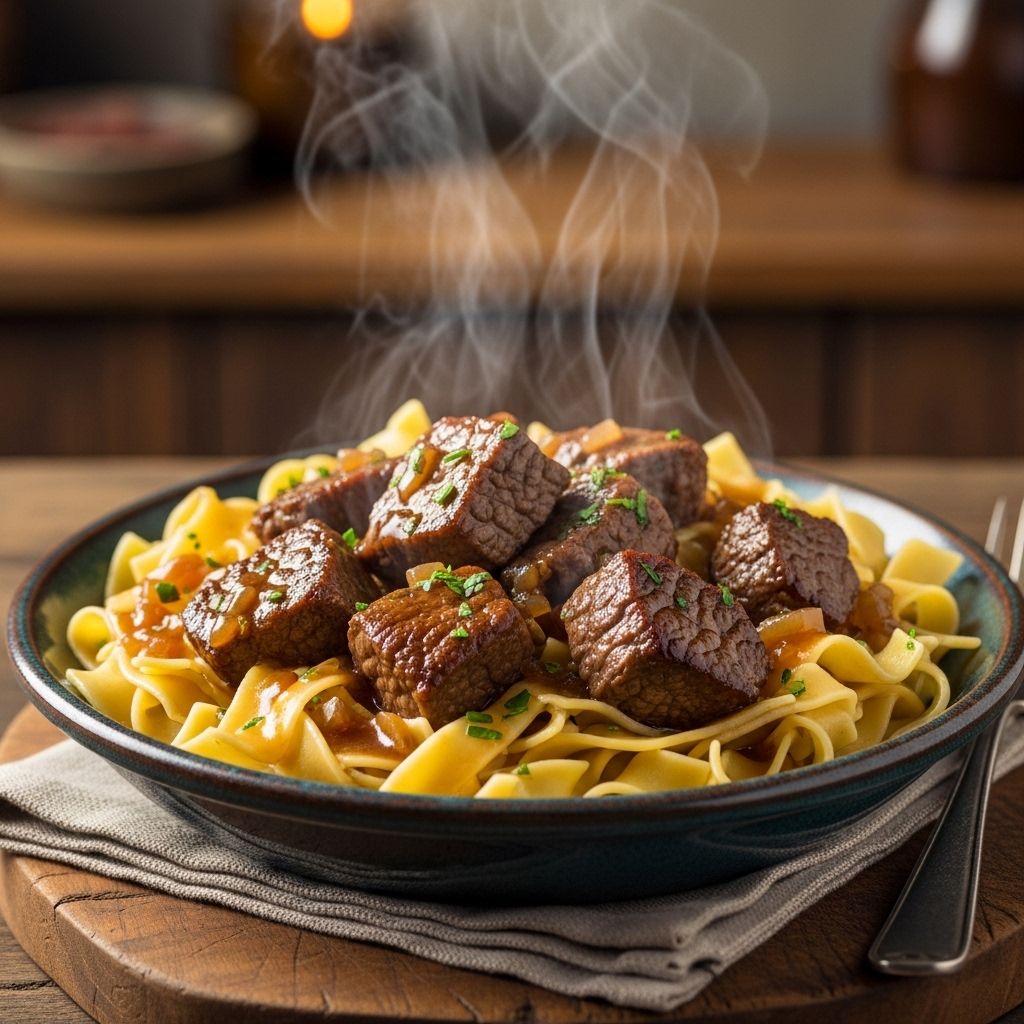 Classic Beef Tips and Noodles: A Hearty Comfort Favorite Tender morsels in savory gravy paired with velvety pasta for a cozy, fuss-free dinner.