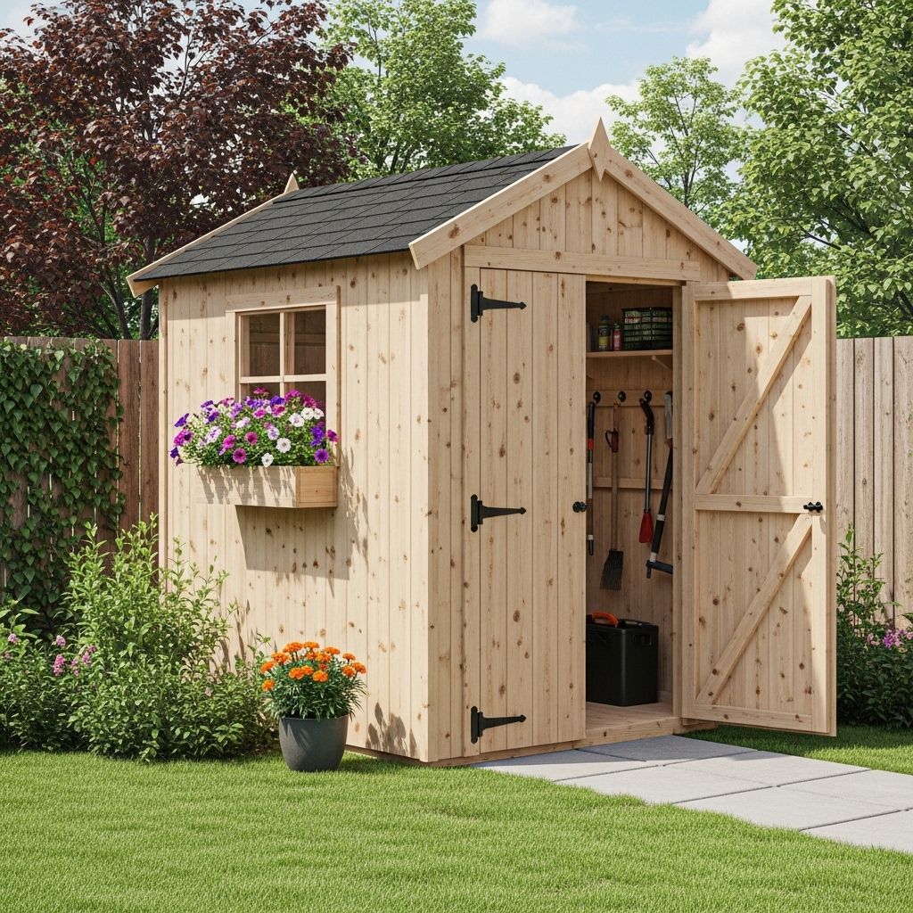 Versatile timber structures organize tools and enhance your outdoor living area.