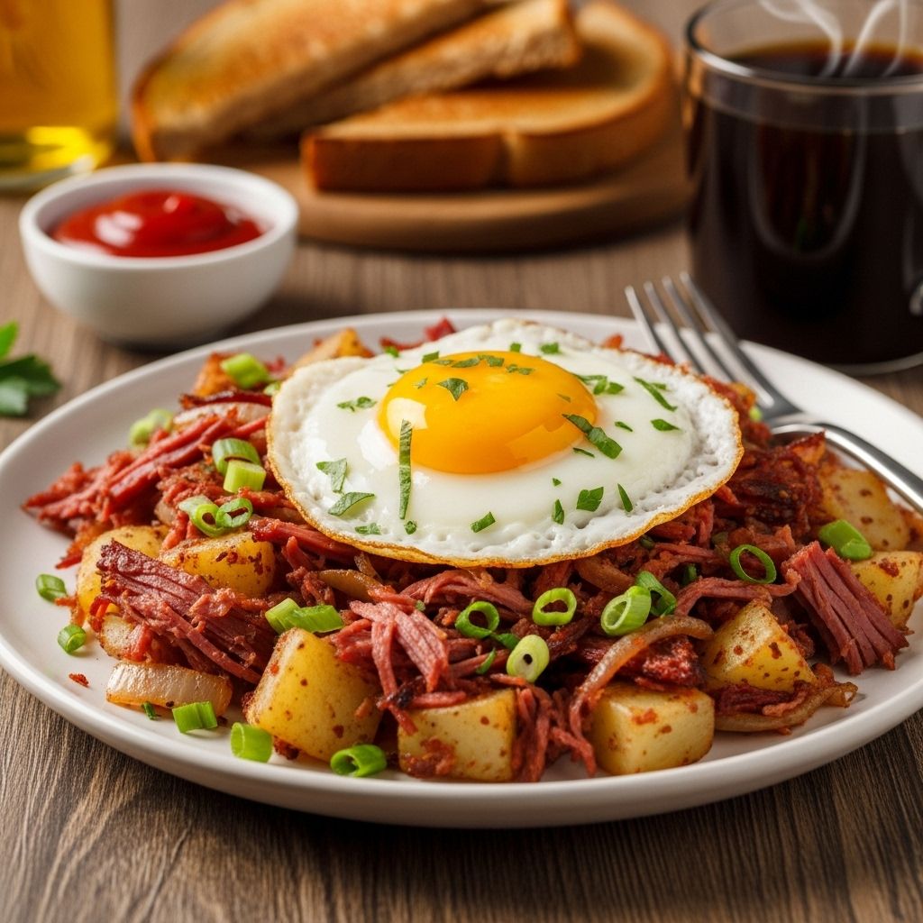 Tender potatoes and savory brisket unite for a crisp, comforting breakfast skillet dish.