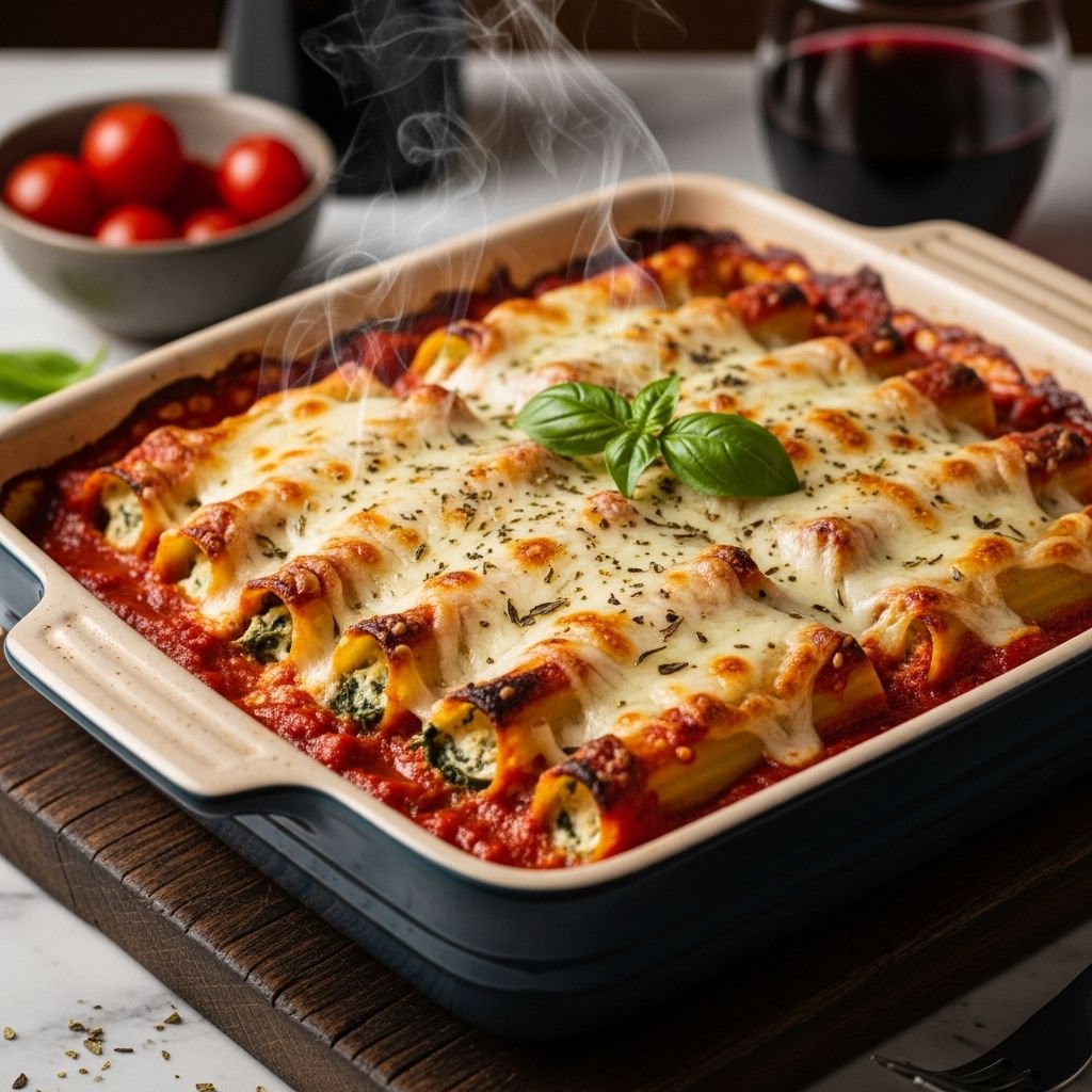 A comforting Italian favorite, featuring tender pasta tubes stuffed with creamy cheese and baked in rich tomato sauce.