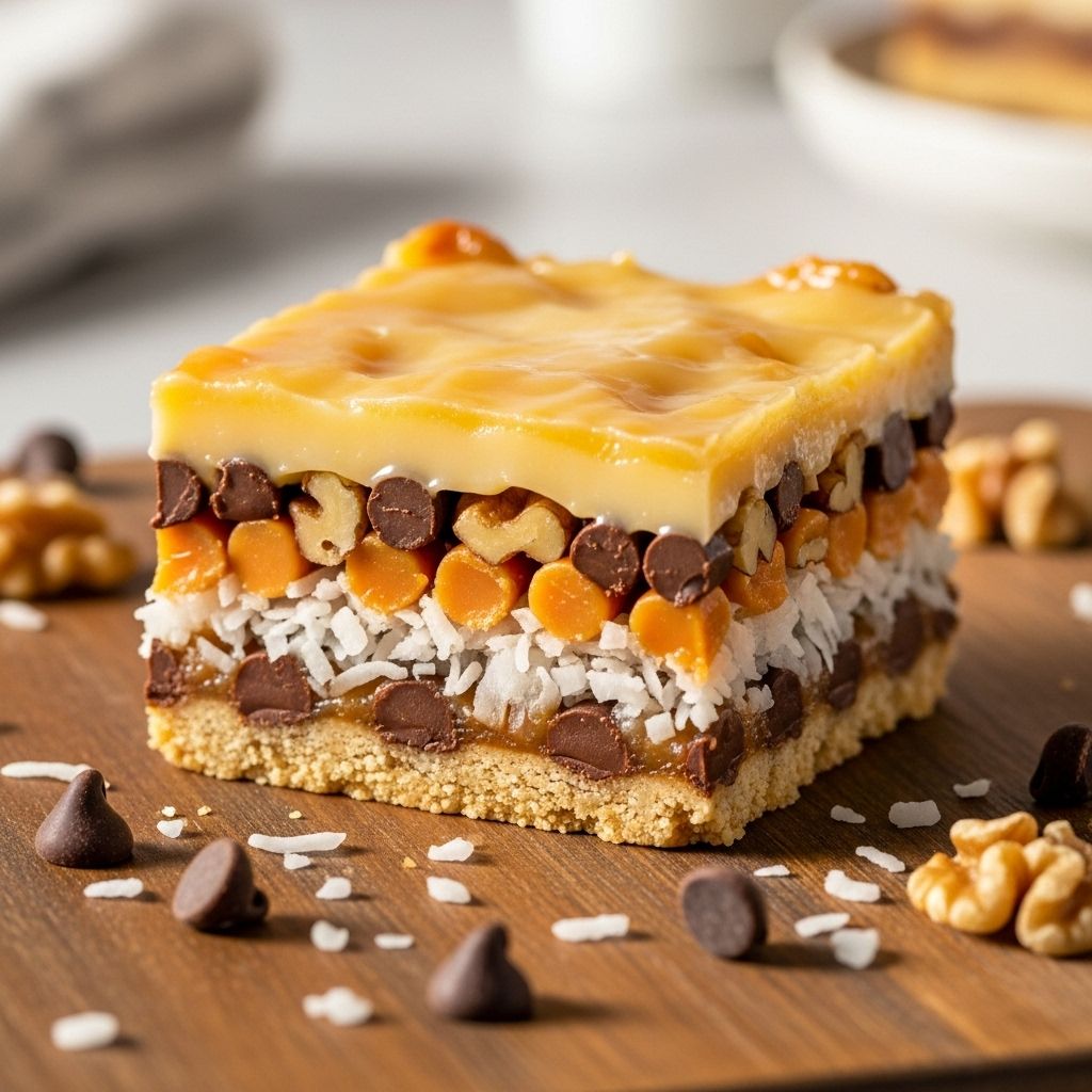 Discover the timeless delight of Seven Layer Bars—a perfect blend of chocolate, butterscotch, coconut, and nuts in every bite.