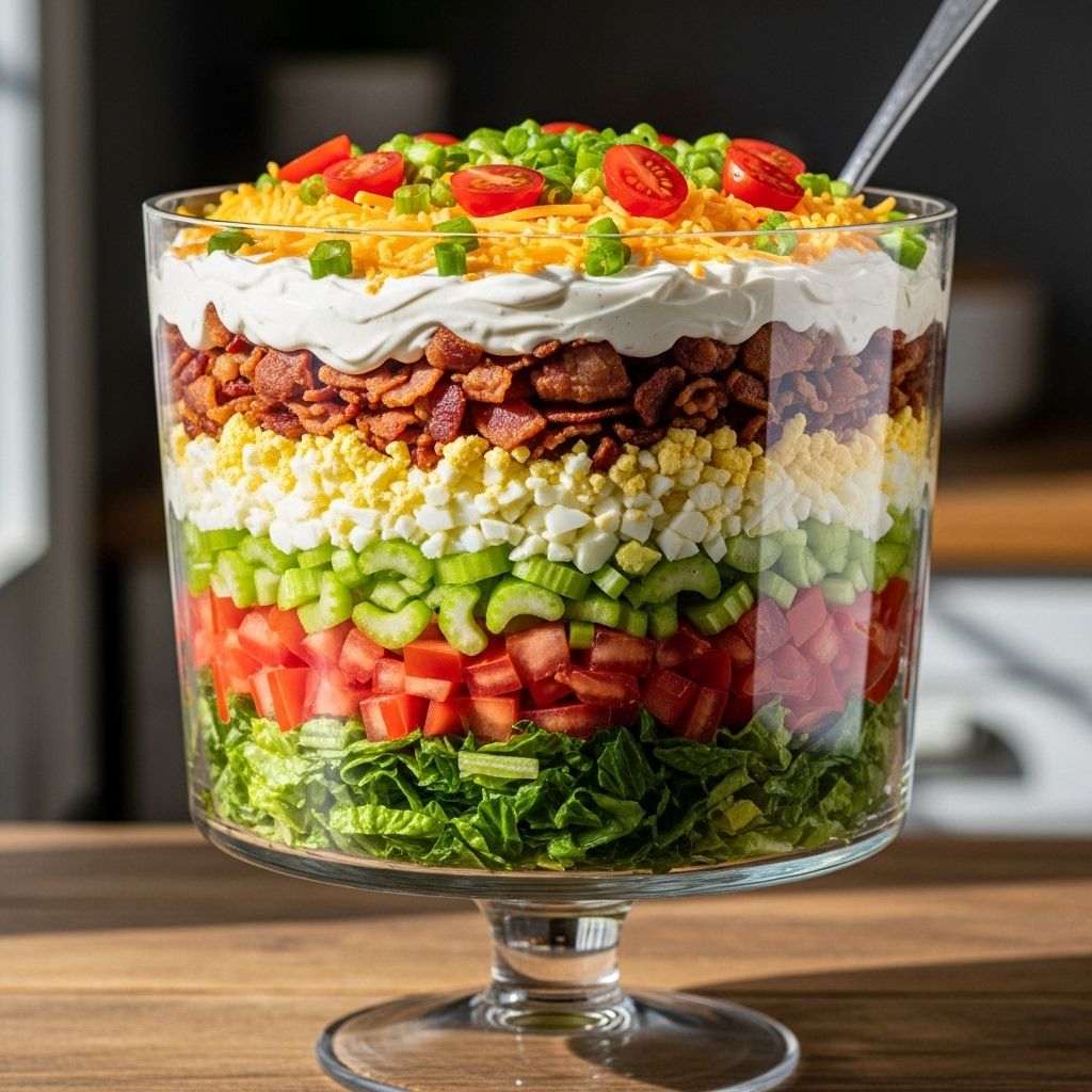 Colorful, crunchy, and easy to make, this seven-layer salad is a vibrant side dish that brings flavor and visual appeal to any table.