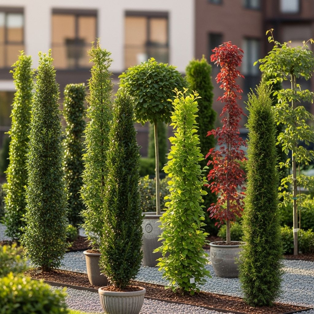 Slim-profile trees that add privacy, structure, and year-round interest to tight yards.