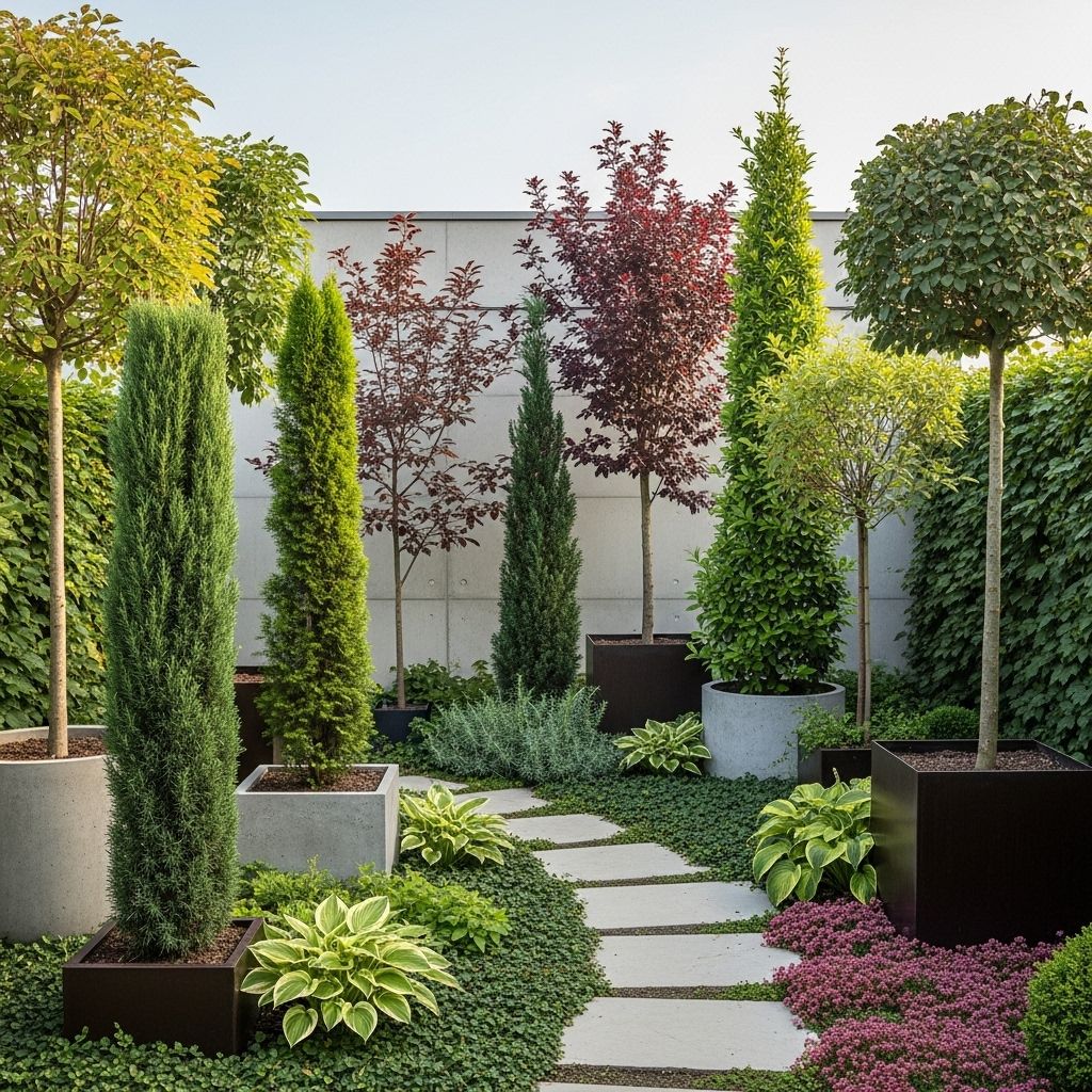 Slim trees deliver privacy, vibrant foliage, and striking vertical form in tight outdoor spaces.