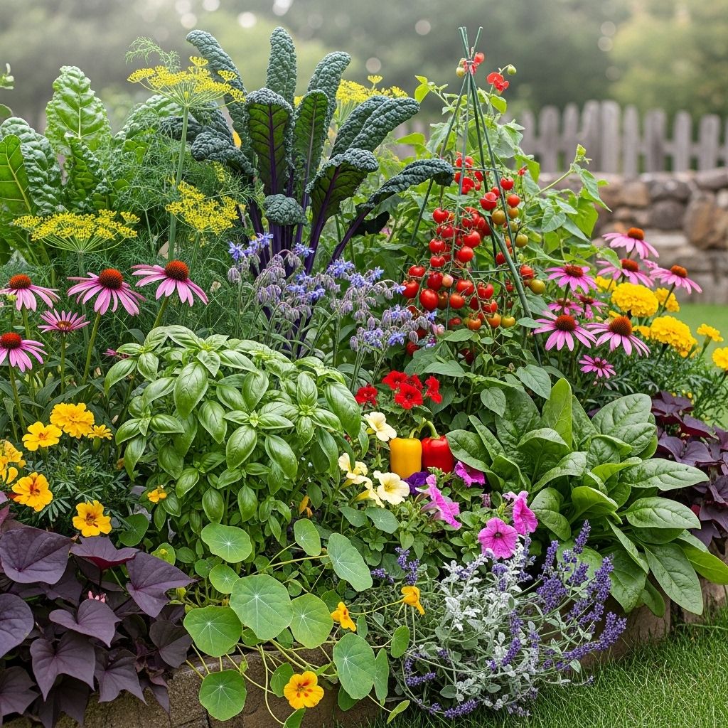 Food crops blended with blooms create edges that resist pests and attract pollinators.