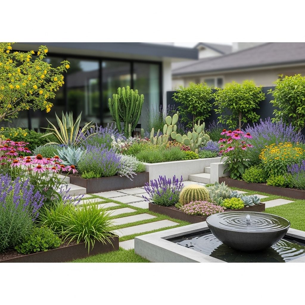 Merge sleek geometry with low-maintenance foliage for a harmonized outdoor retreat.