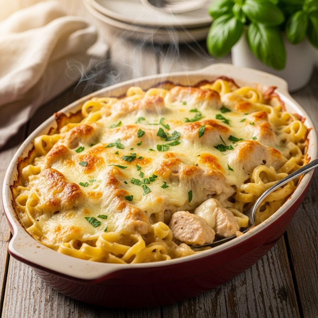 A simple yet indulgent pasta casserole that combines tender chicken, creamy Alfredo sauce, and melty cheese
