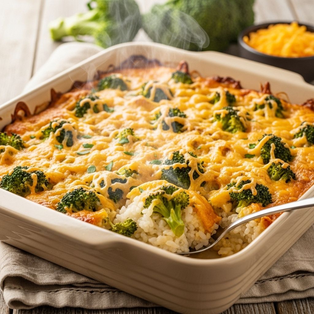 A delicious blend of tender broccoli, fluffy rice, and creamy cheese sauce for the perfect side dish or main course