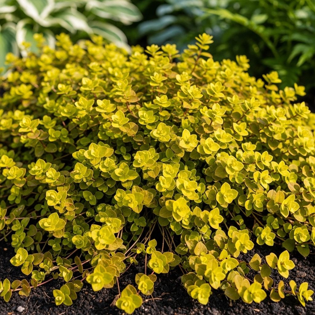 Gold-green foliage creates lush mats that suppress weeds in consistently moist spots.