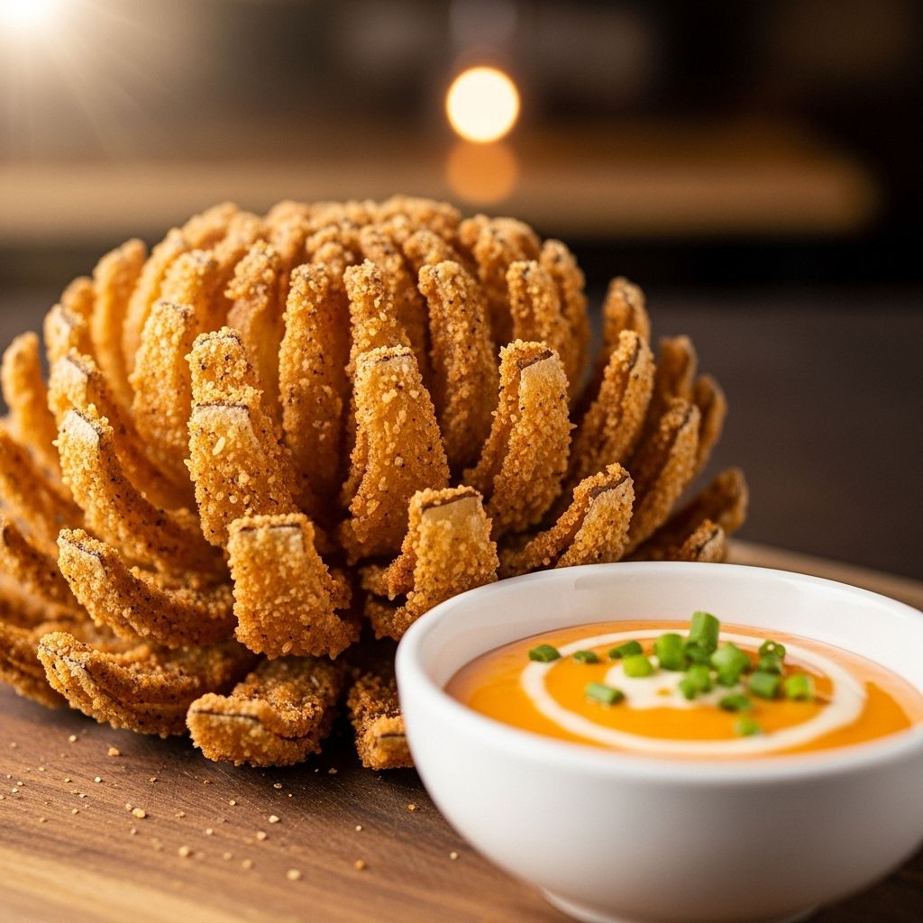 Crispy Blooming Onion with Zesty Dipping Sauce Transform ordinary onions into a show-stopping crunchy appetizer that wows every guest.