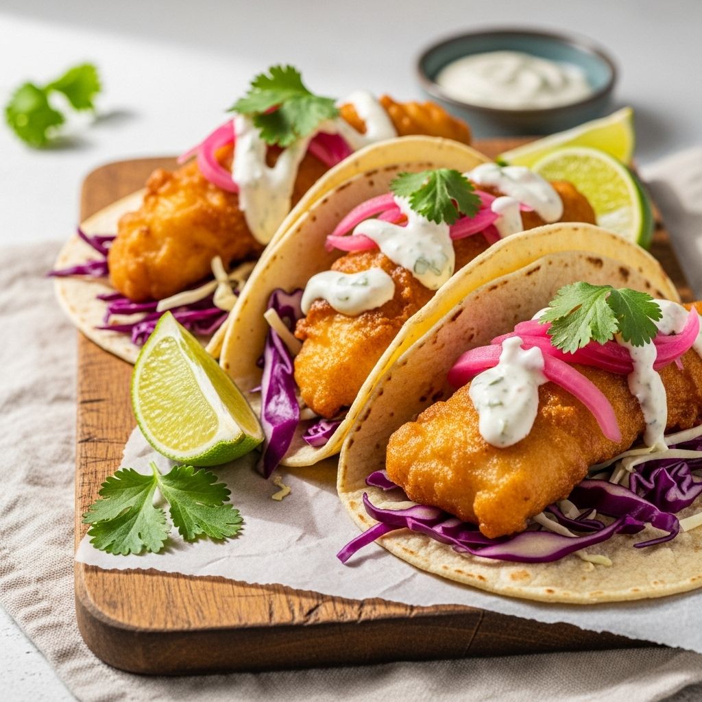 Transform your dinner with these golden, flaky fish tacos topped with zesty slaw and creamy sauce