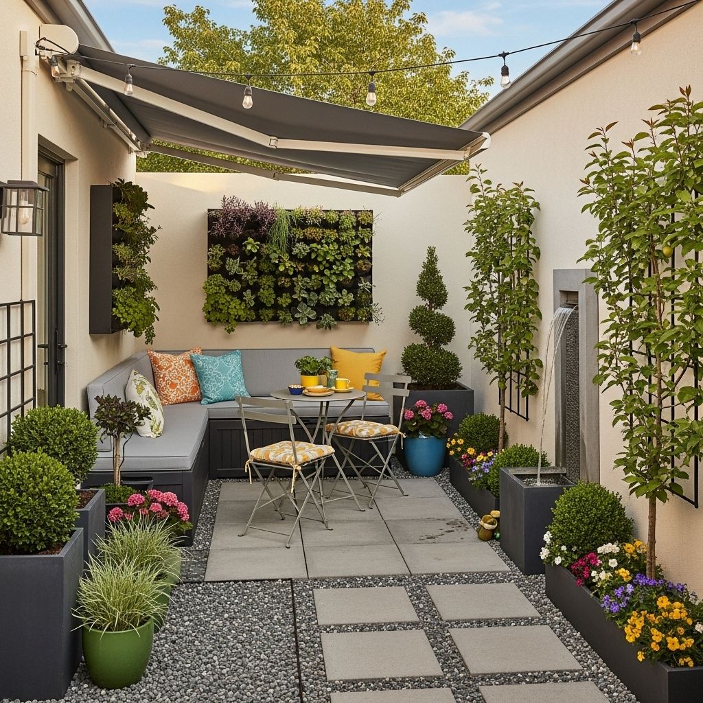 Create a personalized outdoor sanctuary with layered greenery and versatile features.
