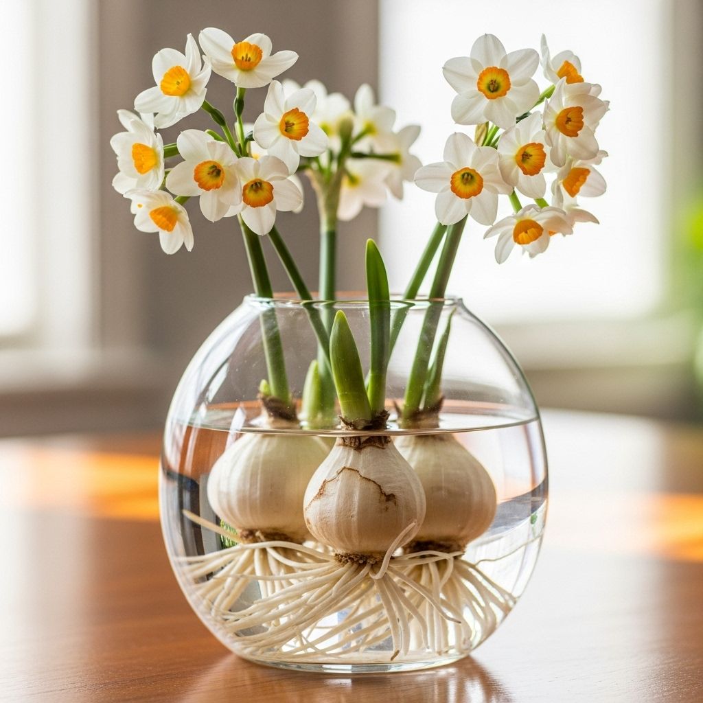 Brighten winter days by forcing paperwhite bulbs in water using antique bottles for a simple, cheerful indoor display.