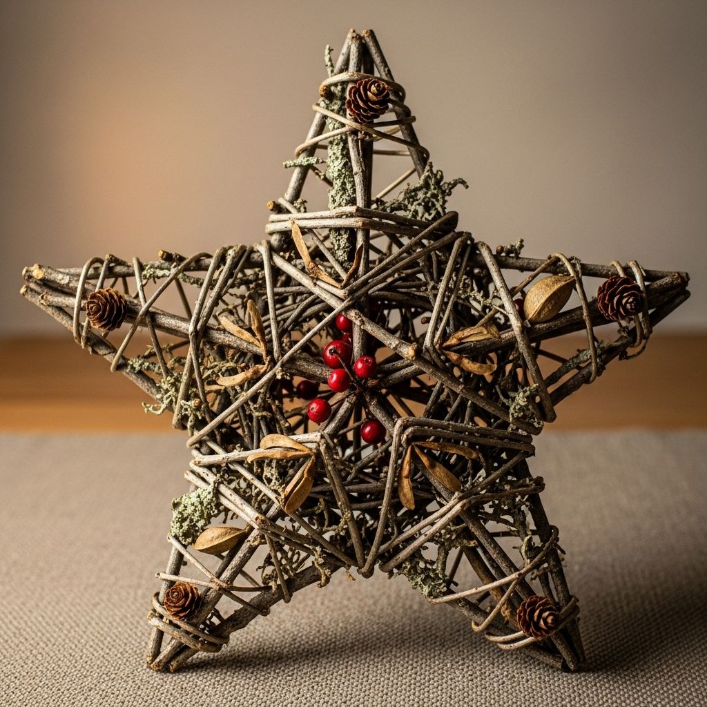Create a simple, Scandinavian-inspired star tree topper using foraged larch boughs and natural materials.