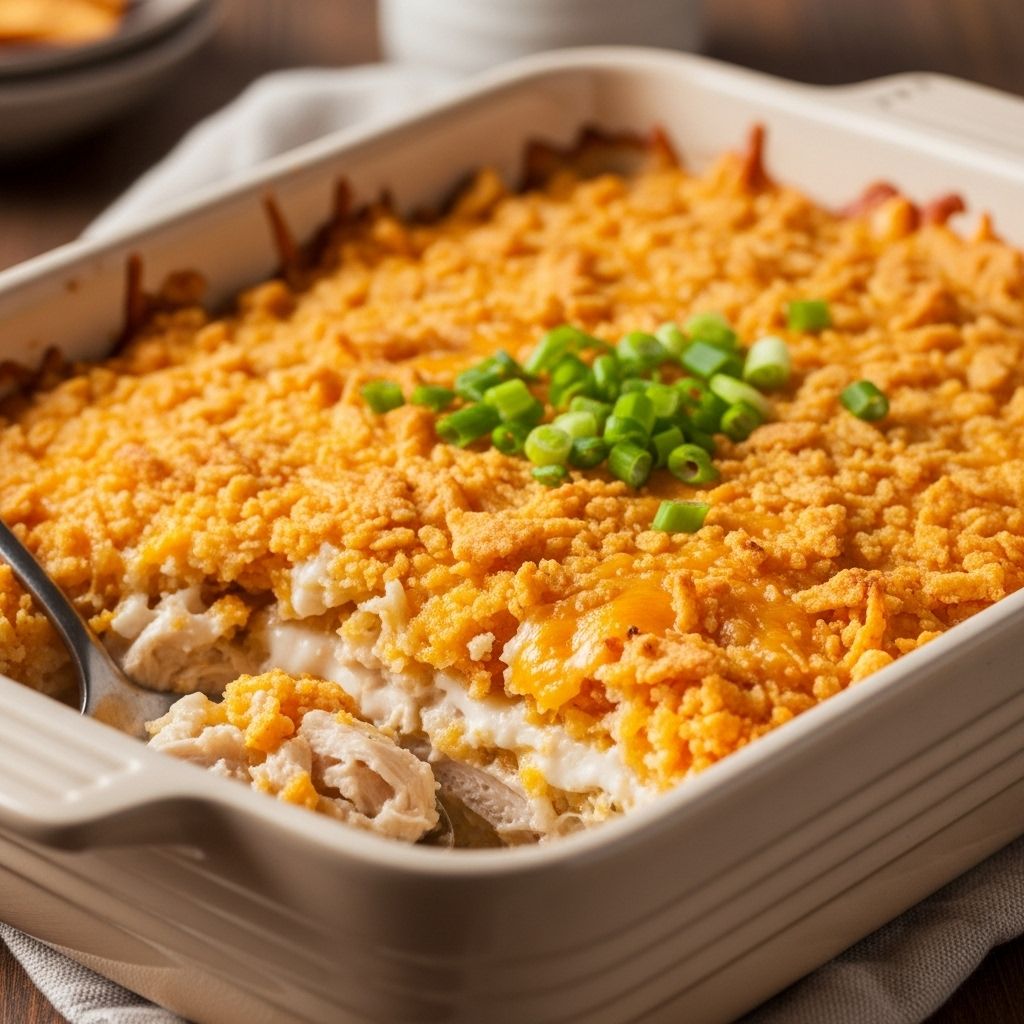 A family-friendly, crowd-pleasing casserole featuring juicy chicken, plenty of cheese, salsa, and crunchy Doritos for weeknight dinners or gatherings.