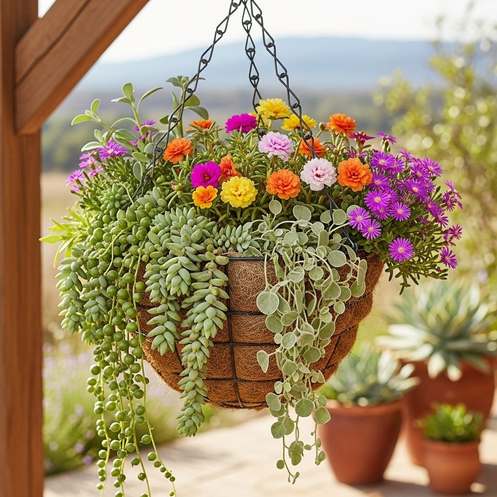 Discover resilient, low-water plants that thrive in hanging baskets and add vibrant flair to any garden space.