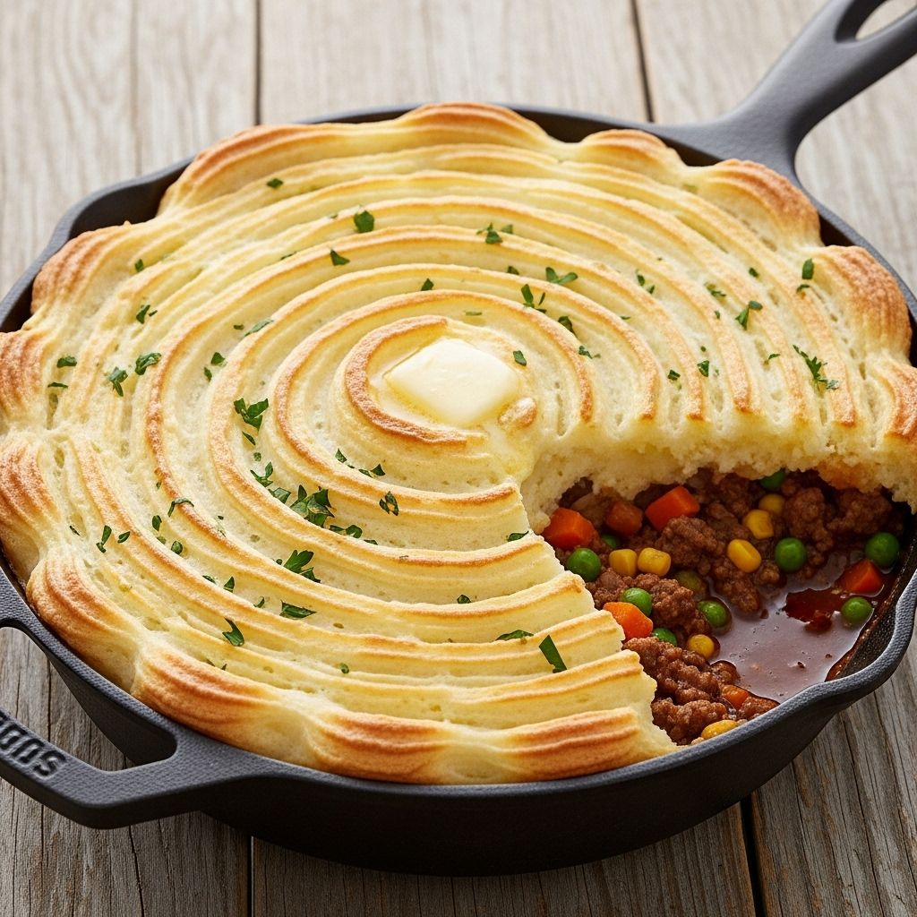 Savor a rich blend of seasoned meat and veggies beneath a creamy potato crust.