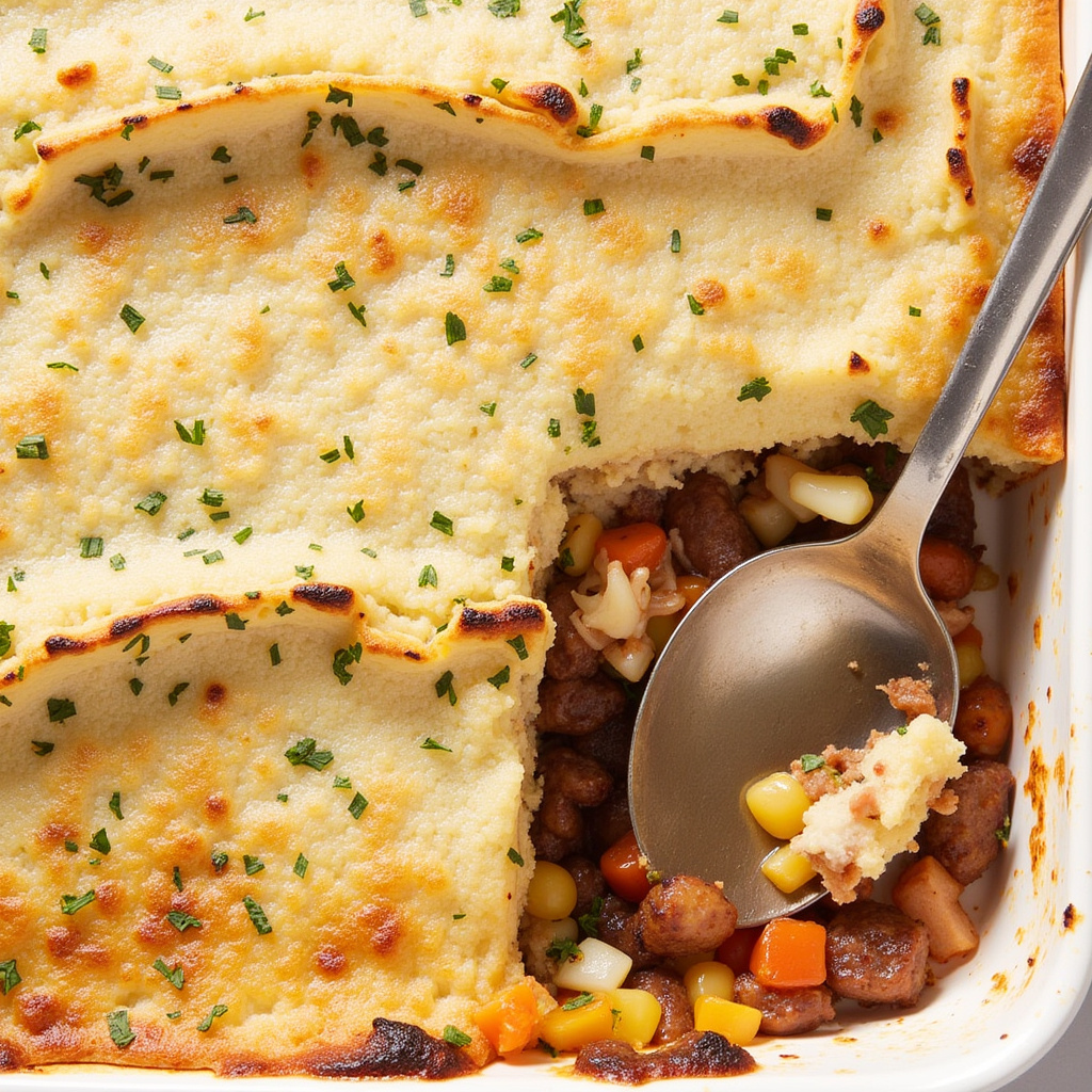 Savor a rich blend of seasoned meat and veggies beneath a creamy potato crust.