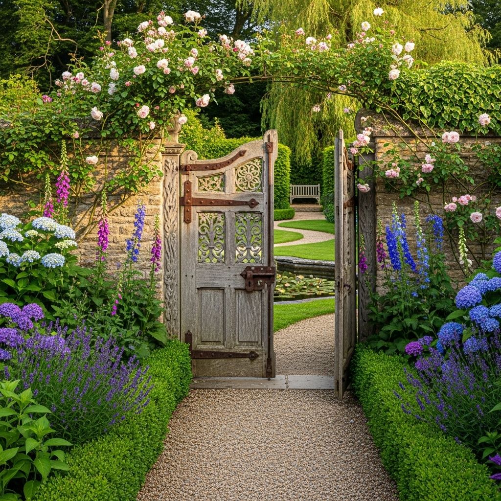 A blend of plantings and winding paths infuses your entryway with timeless rustic charm.
