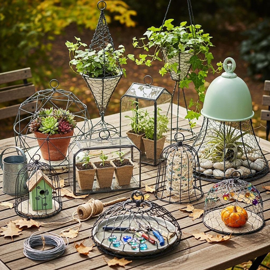 Mesh domes protect seedlings from pests and introduce subtle architectural charm.