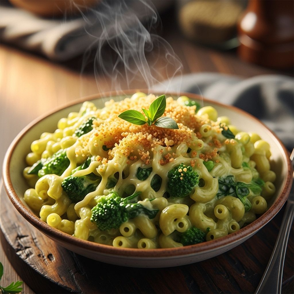 A vibrant twist on classic mac and cheese with fresh greens and bold flavors for the whole family.