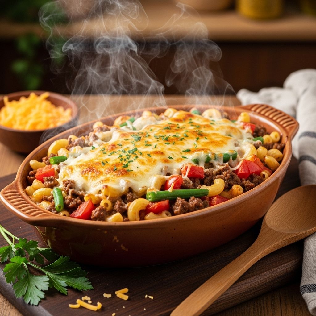 A melty cheese crust elevates simple pantry staples into a satisfying family feast.