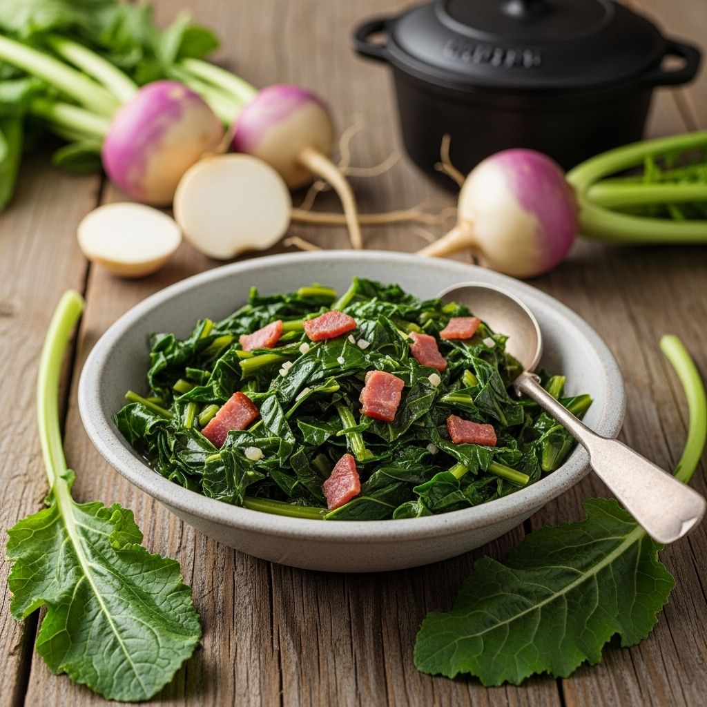 A classic Southern side dish featuring tender turnip greens simmered with flavorful bacon and seasonings