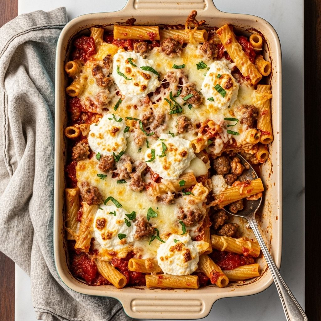 A delicious oven-baked pasta with ground beef in a rich, creamy tomato sauce for perfect family dinners