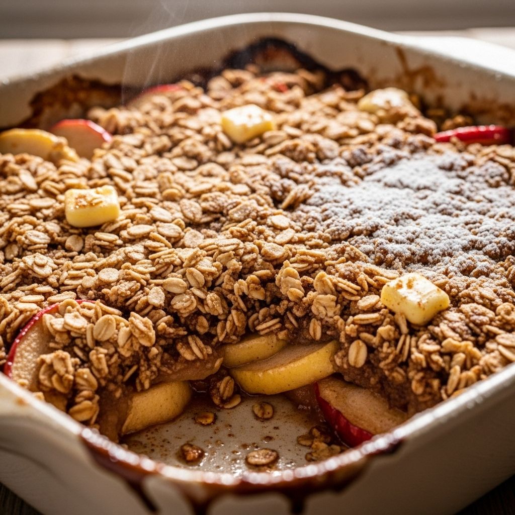Discover the perfect balance of sweet apples and crunchy oat topping in this timeless dessert