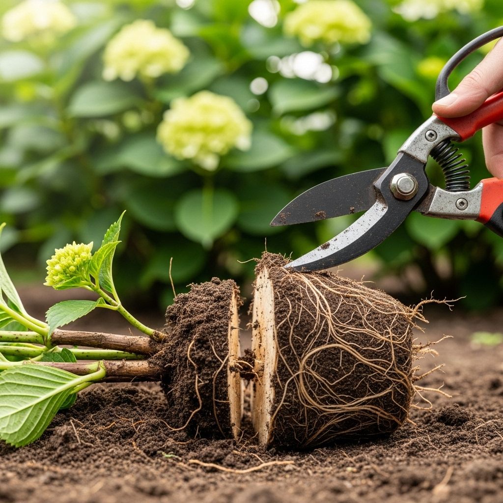 Create thriving hydrangea clusters by splitting roots and nurturing fresh growth.