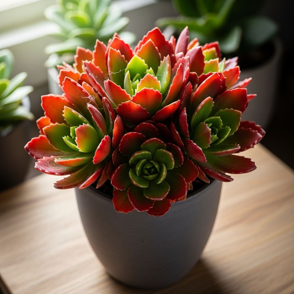 A vibrant succulent that thrives on minimal care and rewards with fiery red-edged foliage.