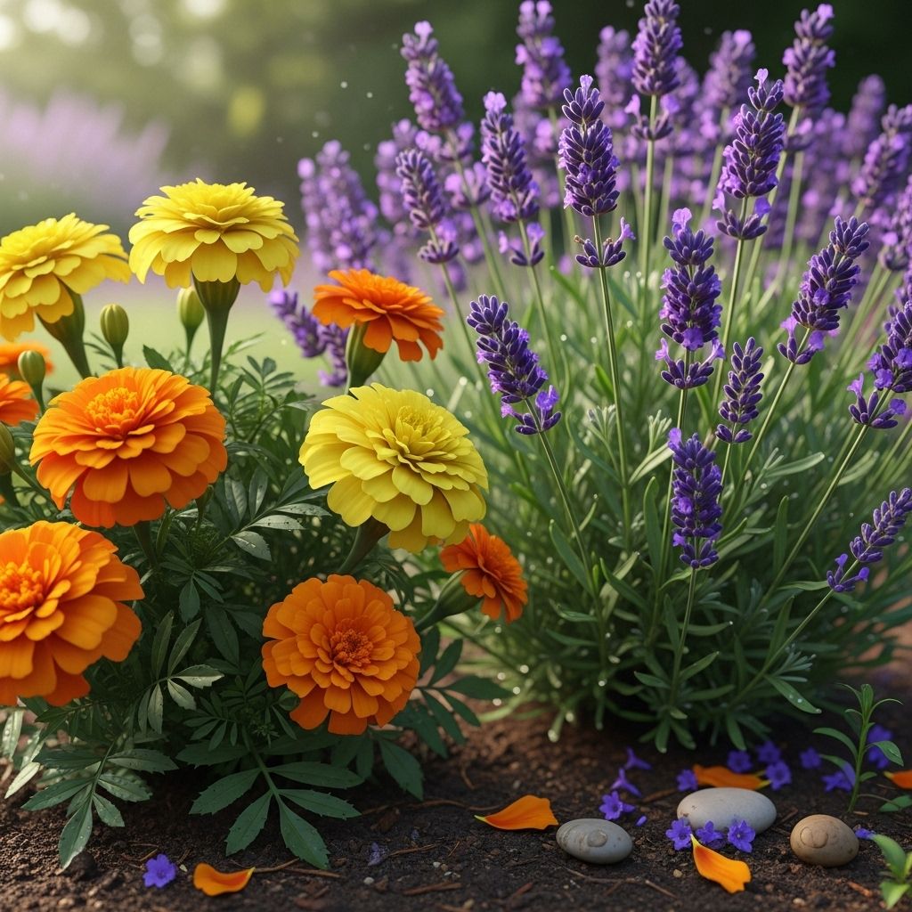 Aromatic blooms working together to repel pests and support thriving pollinator activity.