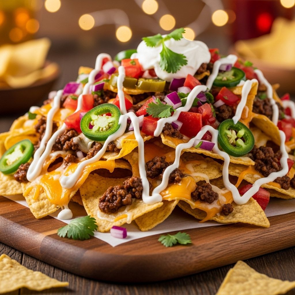 Create restaurant-quality nachos at home with seasoned ground beef and refried beans
