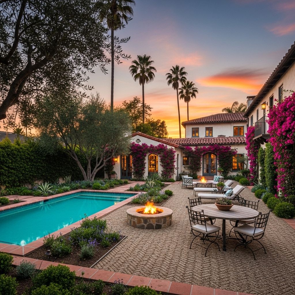 A serene outdoor retreat blends Mediterranean charm with eco-friendly design.