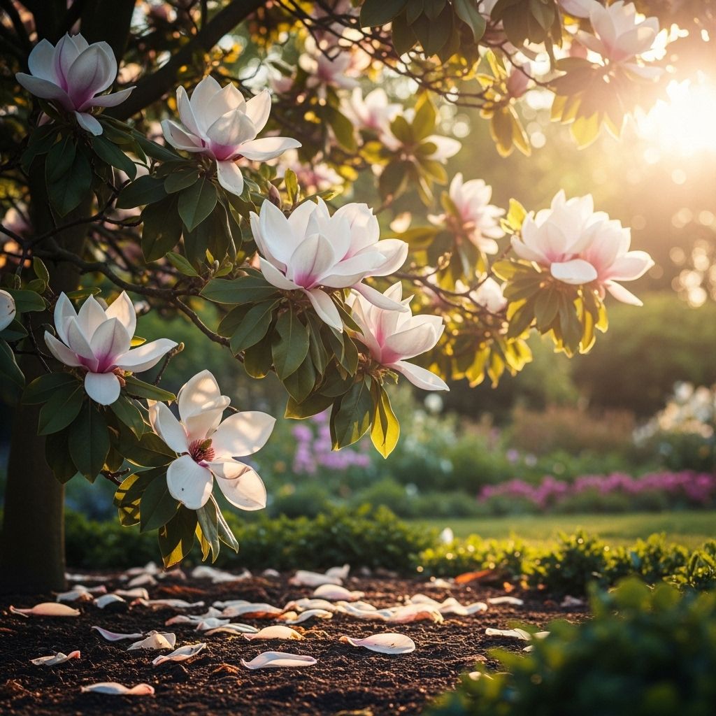 Optimal light placement turns magnolias into vibrant garden highlights.