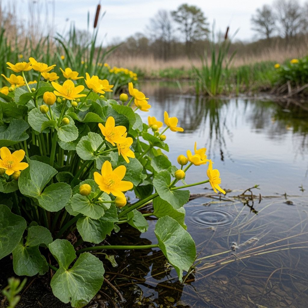 Marsh Marigold Planting Guide: Grow Caltha palustris for Wetland Beauty Bright yellow blooms enliven damp corners while nourishing early emerging pollinators.