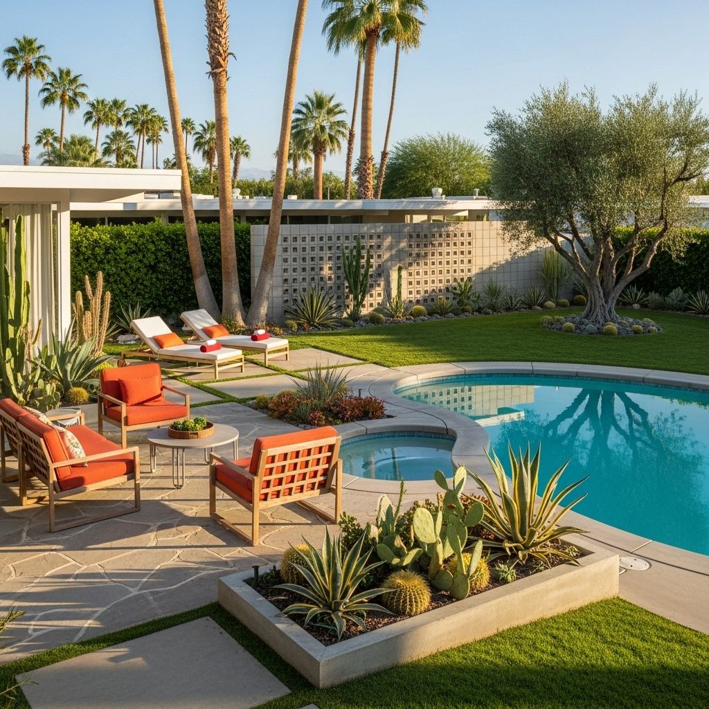 Crisp shapes and sculptural greenery merge with natural materials for a serene retreat.