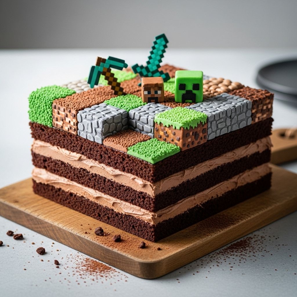 Bring the pixelated charm of Minecraft to your celebration with this moist, chocolatey cake topped with simple buttercream and marzipan decorations.