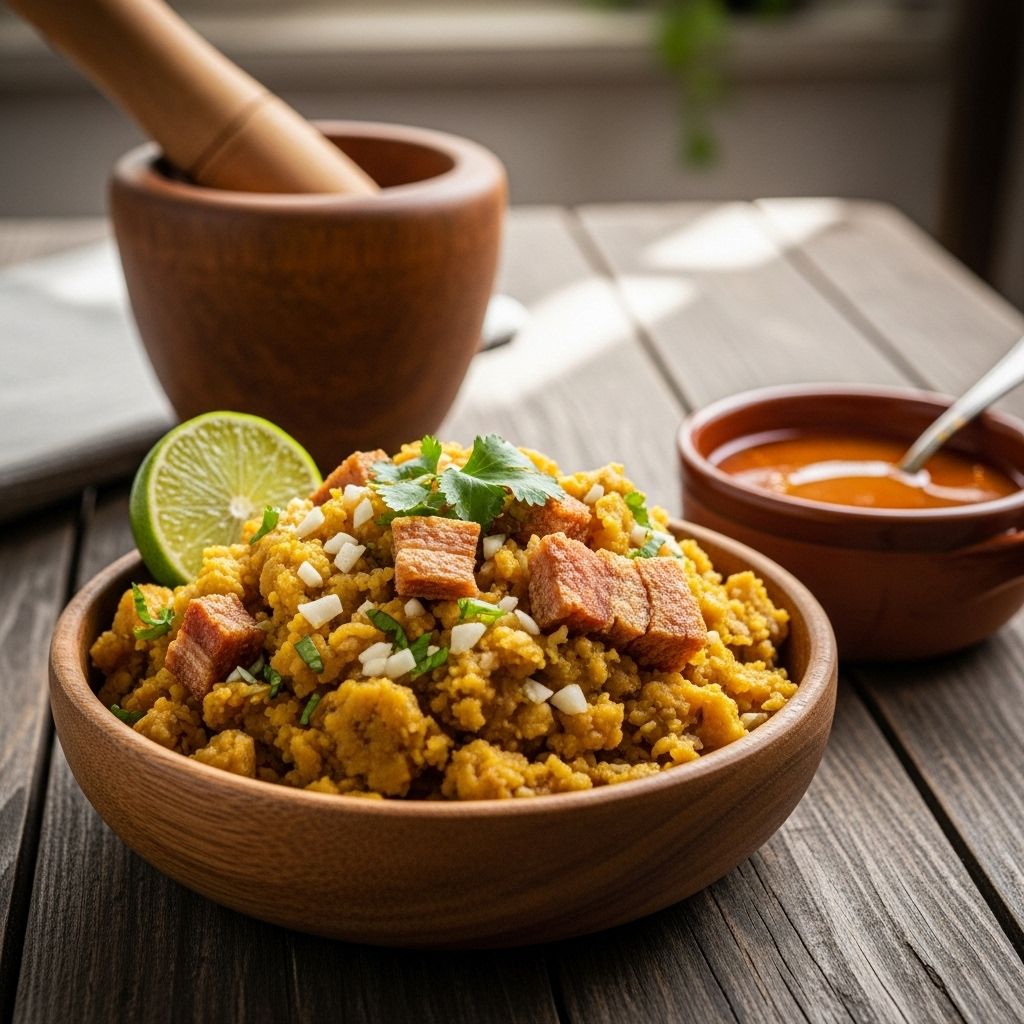 Crunchy plantains with garlic and cracklings deliver cozy Caribbean comfort.