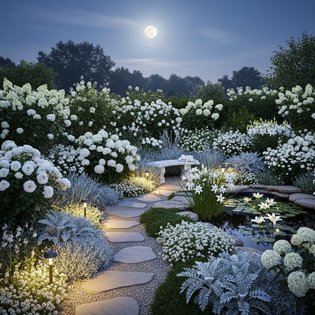Subtle lighting and fragrant white blooms unite under the stars for an outdoor retreat.