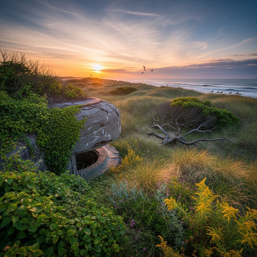 Concrete relics give way to thriving dunes and marshes on a forgotten shoreline.