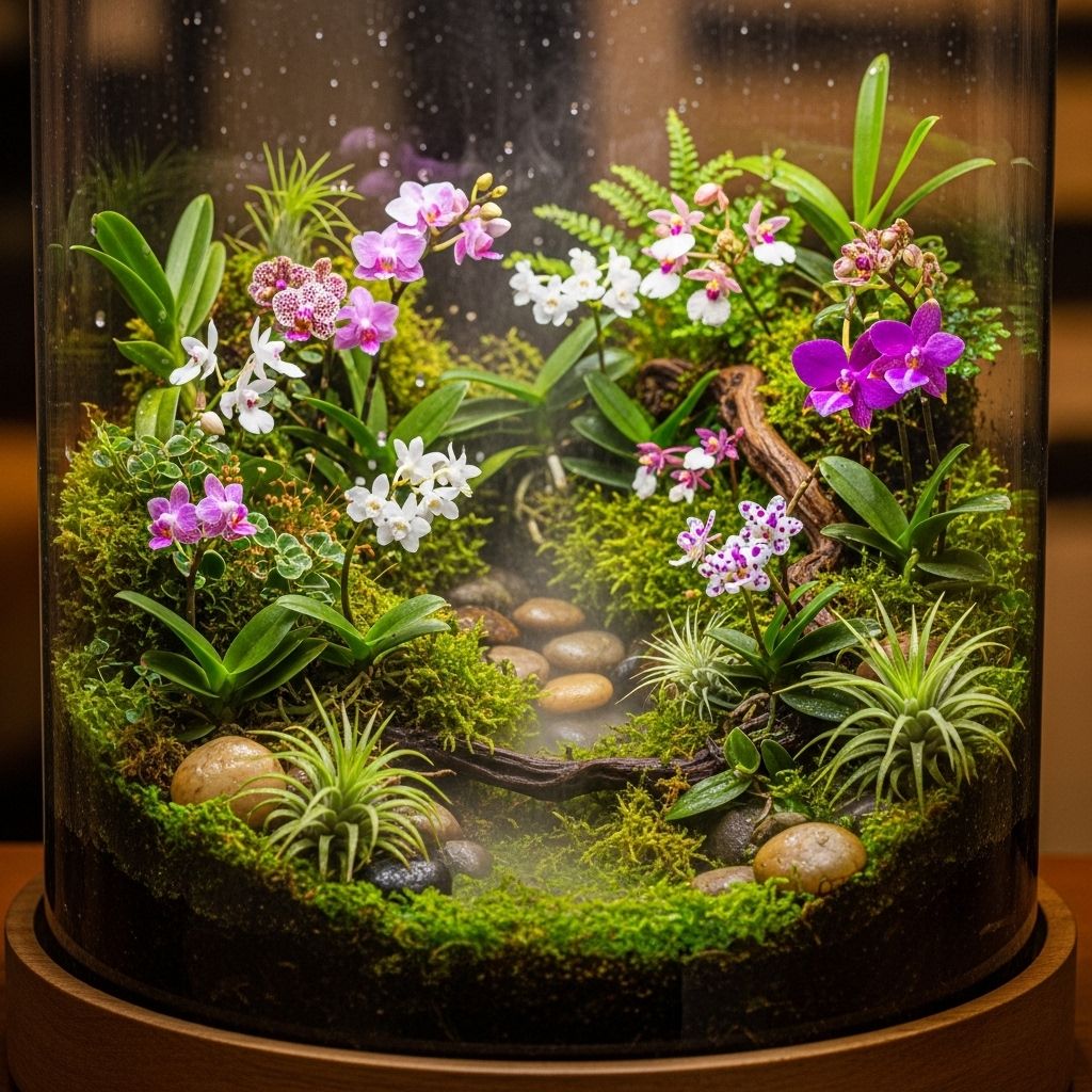 A glass-bound ecosystem creates ideal moisture and shade for delicate orchid varieties.