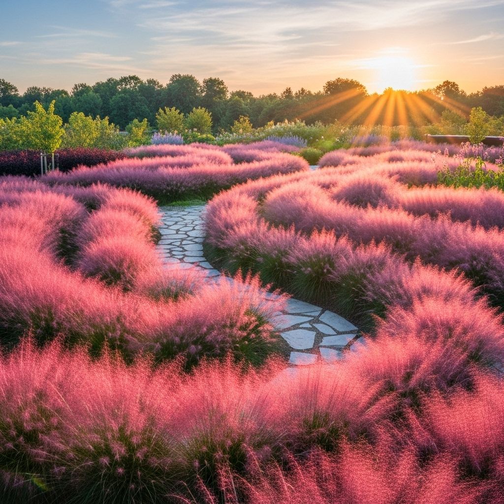 Transform your outdoor space with the ethereal beauty and resilience of pink Muhly grass in creative, modern landscapes.