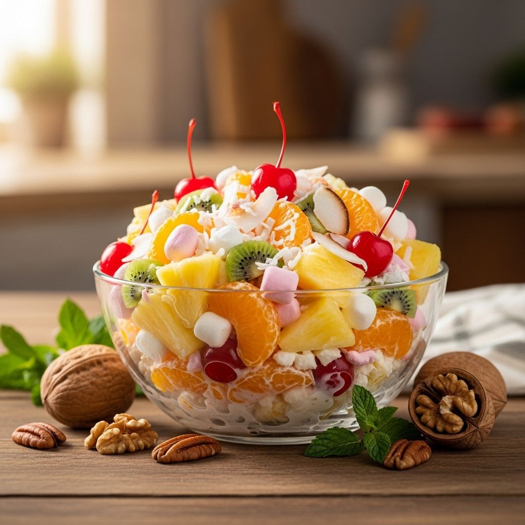 A delightful blend of fruits, marshmallows, and creamy goodness for your next gathering
